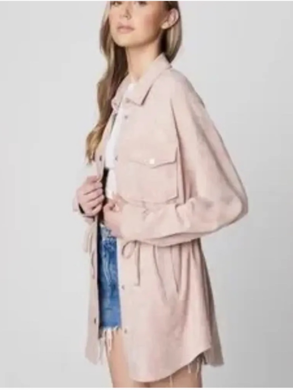Blank NYC Women’s Think Pretty Faux Suede Shacket- Blush Pink Long Jacket Size L